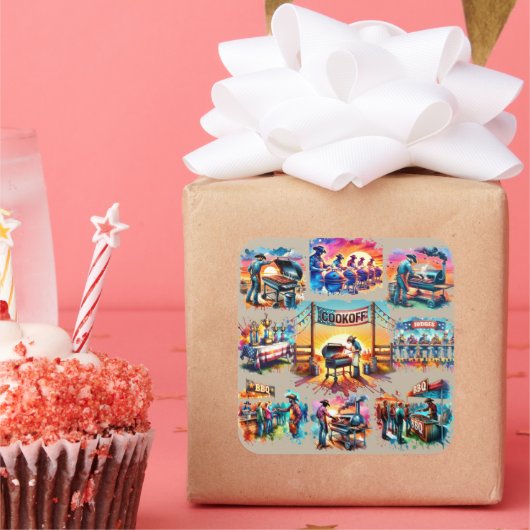 西カウボーイBBQクックオフシーン1 スクエアシール (パーティー)