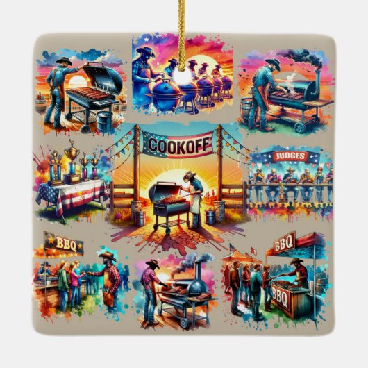西カウボーイBBQクックオフシーン1 セラミックオーナメント (裏面)