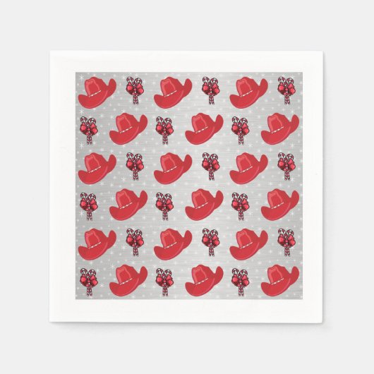 西クリスマスのカウボーイ帽子とキャンディカン スタンダードカクテルナプキン (正面)