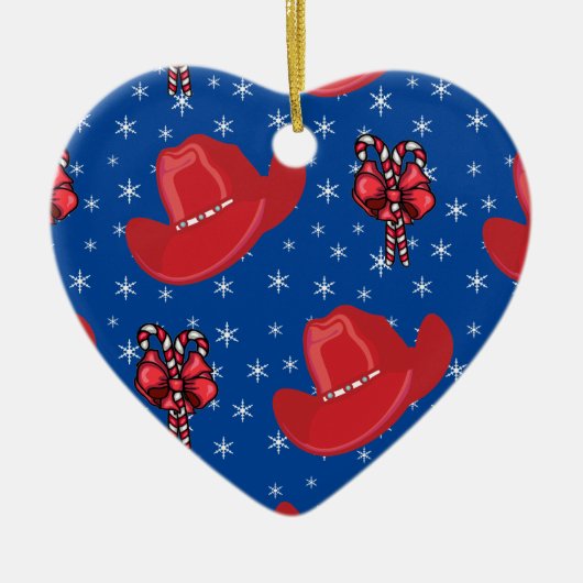西クリスマスのカウボーイ帽子とキャンディカン セラミックオーナメント (正面)