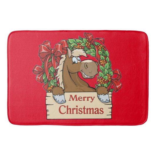 西クリスマスの漫画の馬とリース バスマット (正面)