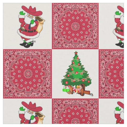西クリスマスカウボーイサンタとレッドバンダナ ファブリック (クローズアップ)