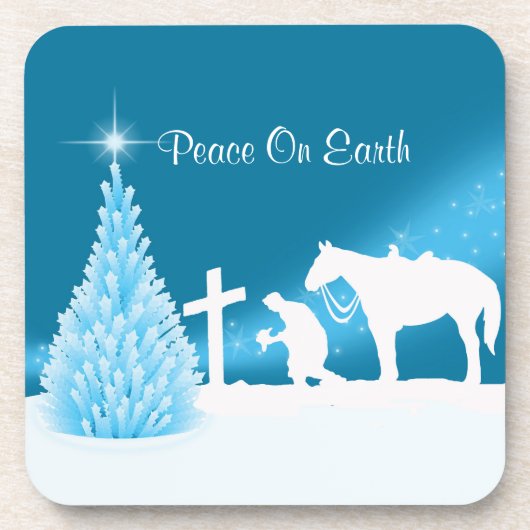 西クリスマスカウボーイ祈の冬の雪景色 コースター (正面)