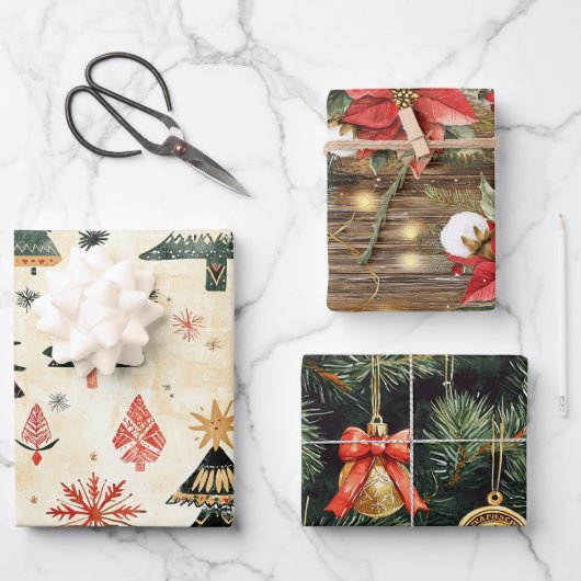 西クリスマスツリーブランチポインセチアフローラ ラッピングペーパーシート (正面)