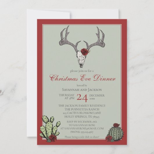 西クリスマスディナートナカイ〔雄ジカの〕枝角&サボテン 招待状 (正面)