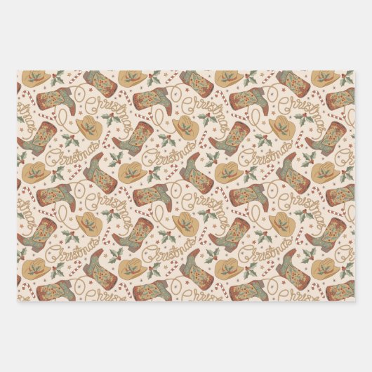 西クリスマスブーツと帽子のパターン ラッピングペーパーシート (正面3)