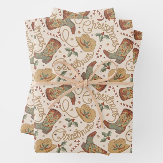 西クリスマスブーツと帽子のパターン ラッピングペーパーシート (インサイチュ)