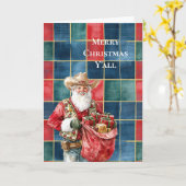 西クリスマスレッドブルーグリーンカウボーイサンタ カード (黄色い花)