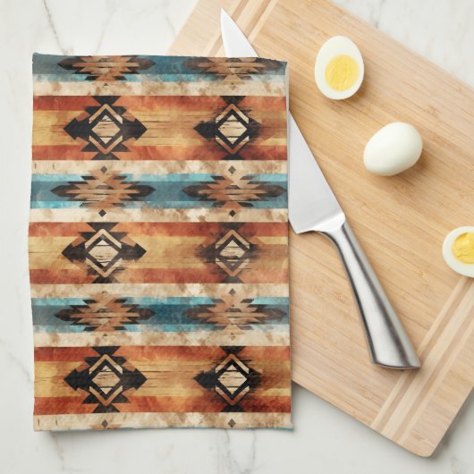 西クールアステカ木フェイクタイル模様 キッチンタオル (四つ折り)