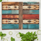 西クールアステカ木フェイクタイル模様 キッチンタオル (折り畳み)