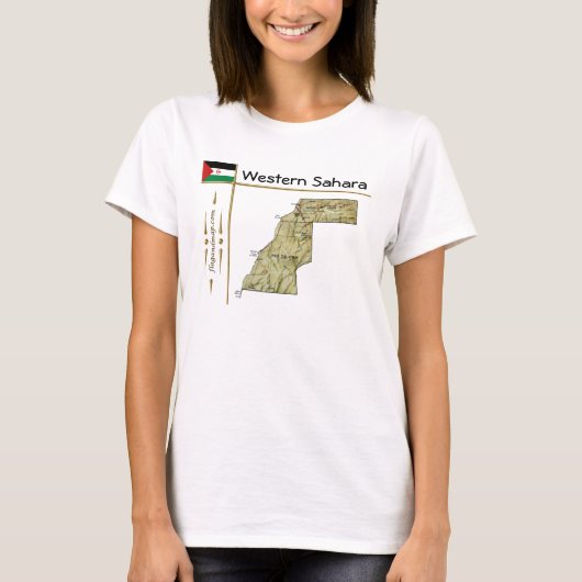 西サハラの地図と国旗とタイトルTシャツ Tシャツ (正面)