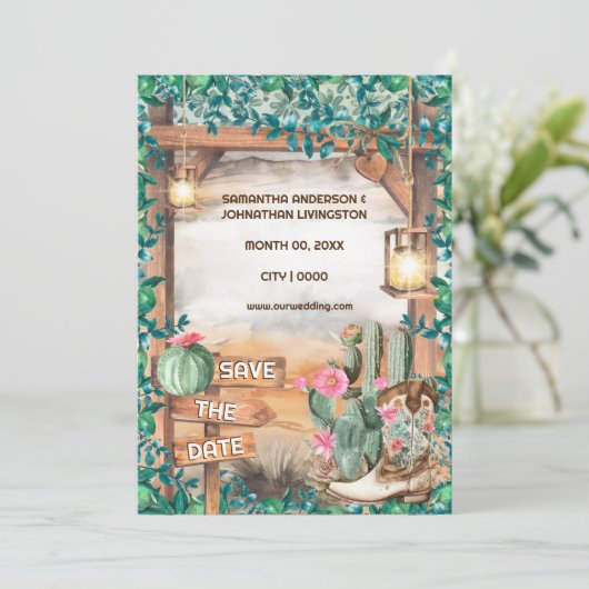 西サボテンのカウボーイブーツ水色ライトシック 招待状 (スタンド正面)