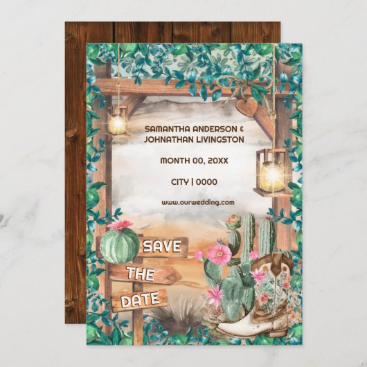 西サボテンのカウボーイブーツ水色ライトシック 招待状 (正面/裏面)