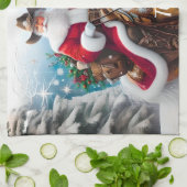 西サンタクロースがクリスマスに馬に乗る キッチンタオル (折り畳み)