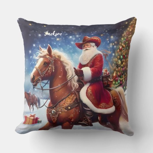 西サンタクロースがクリスマスに馬に乗る クッション (正面)