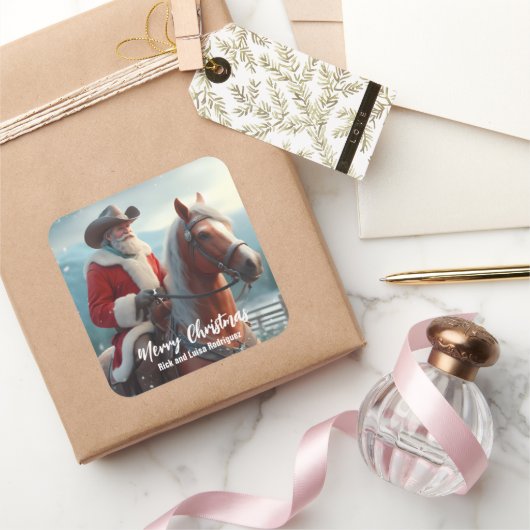 西サンタクロースがクリスマスに馬に乗る スクエアシール (ギフト)