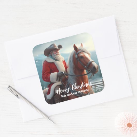 西サンタクロースがクリスマスに馬に乗る スクエアシール (封筒)