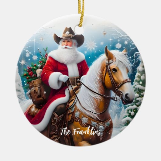 西サンタクロースがクリスマスに馬に乗る セラミックオーナメント (正面)