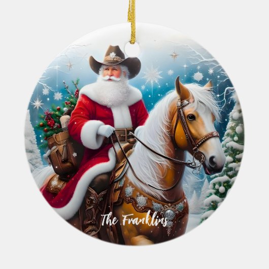 西サンタクロースがクリスマスに馬に乗る セラミックオーナメント (裏面)