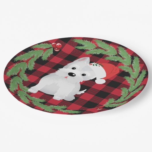 西ハイランドドッグサンタハットバッファロープレイドパイン ペーパープレート (アングル)