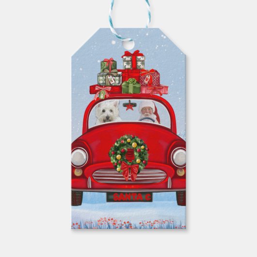 西ハイランドホワイトテリア犬とサンタクロース ギフトタグ (正面)