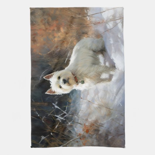 西ハイランドホワイトテリア雪のクリスマスを許可 キッチンタオル (縦)