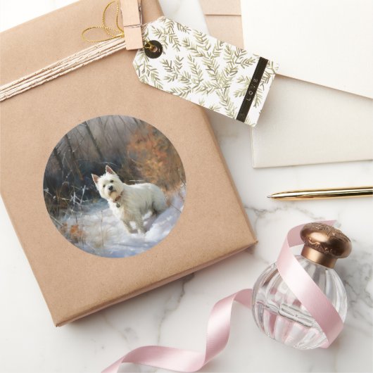 西ハイランドホワイトテリア雪のクリスマスを許可 ラウンドシール (ギフト)