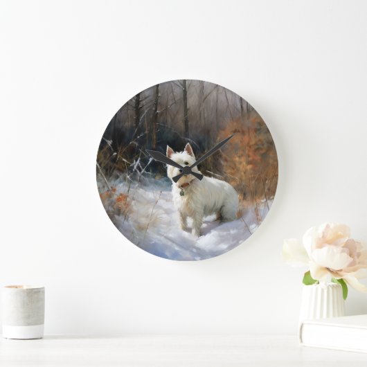 西ハイランドホワイトテリア雪のクリスマスを許可 ラージ壁時計 (ホーム)