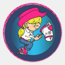 西パーティー女性のカーボーイライディングスティック馬ステッカー ラウンドシール