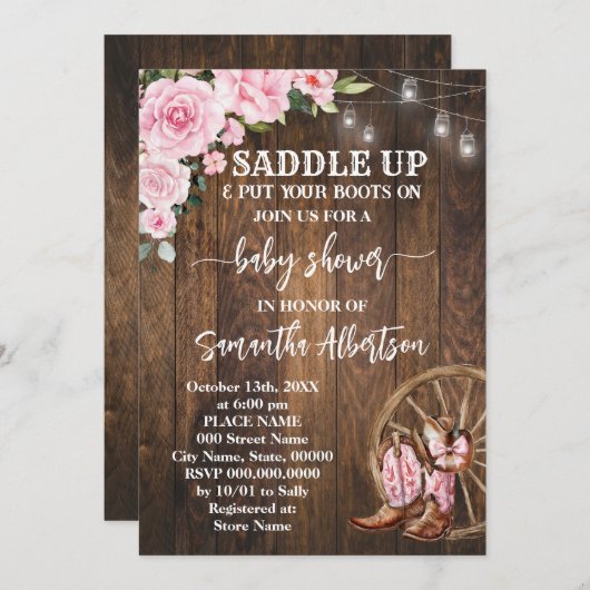 西ピンクの赤ちゃんシャワーカントリーブーツ 招待状 (正面/裏面)