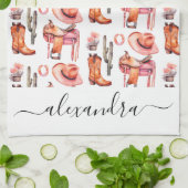 西ピンクオレンジ女性のカーボーイスクリプト名 キッチンタオル (折り畳み)