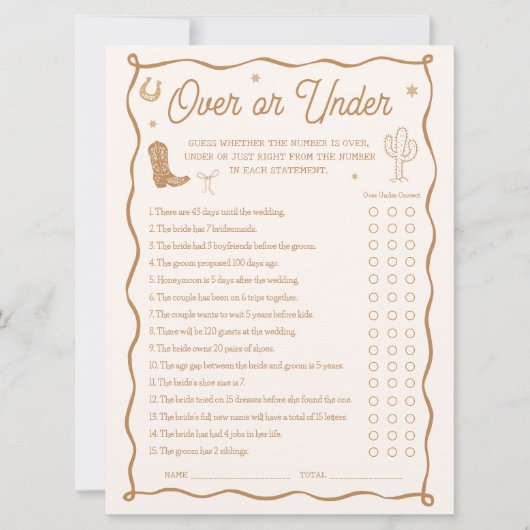 西ブライダルシャワーのゲームカード上またはゲームカード下 招待状 (正面)