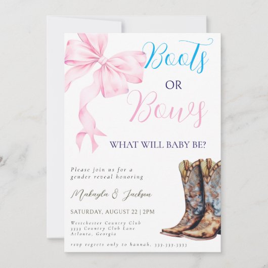 西ブーツまたは弓ブルーピンクジェンダーの表示 招待状 (正面)
