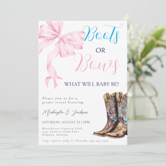 西ブーツまたは弓ブルーピンクジェンダーの表示 招待状 (スタンド正面)