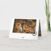 西ホースカウボーイハットラッソーひまわりの花に注意Ca ノートカード (裏面)