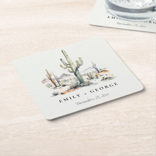 西ボホカクタスデザートランドスケープ結婚ズ スクエアペーパーコースター (アングル)
