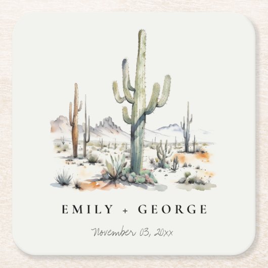 西ボホカクタスデザートランドスケープ結婚ズ スクエアペーパーコースター (正面)