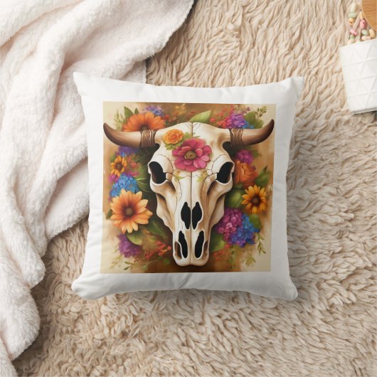 西モダン牛スカル花装飾用クッション クッション (ブランケット)