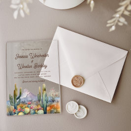 西モダン茶色の砂漠サボテンの風景 アクリル招待状