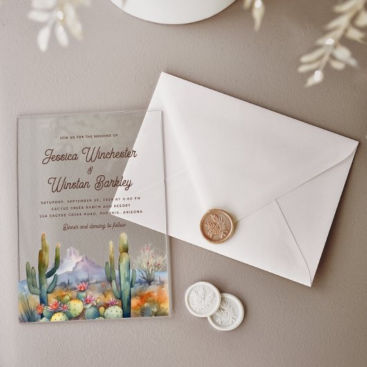 西モダン茶色の砂漠サボテンの風景 アクリル招待状
