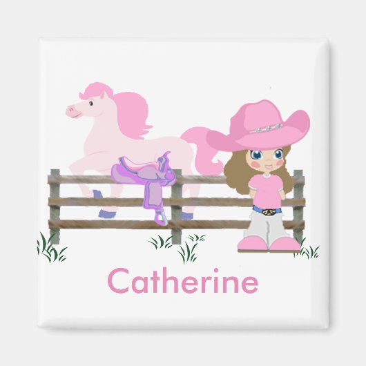 西リトル女性のカーボーイと馬 マグネット (正面)