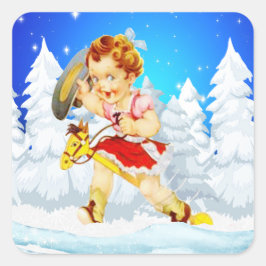 西リトル女性のカーボーイオンスティックホース冬のシーン スクエアシール