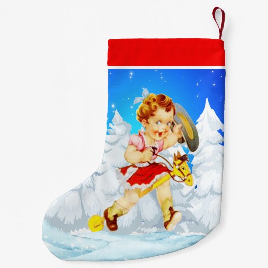 西リトル女性のカーボーイオンスティックホース冬のシーン スモールクリスマスストッキング (裏面)