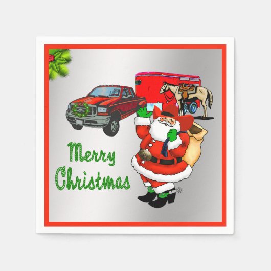 西ロデオカウボーイトラックトレーラーサンタクリスマス スタンダードカクテルナプキン (正面)