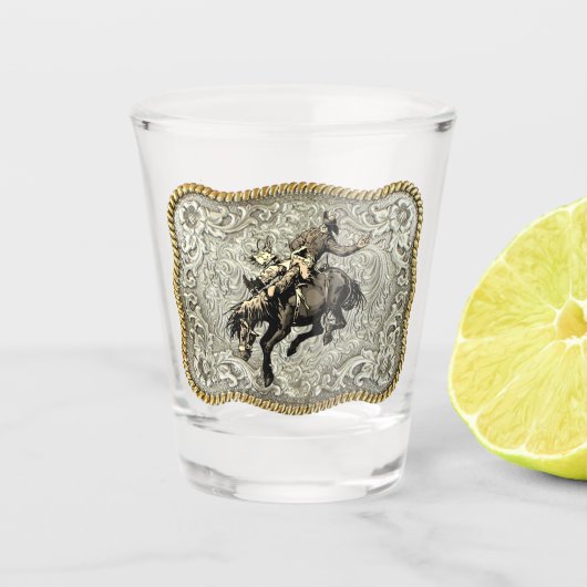 西ロデオカウボーイブロンクライディングベルトバックル ショットグラス (正面)