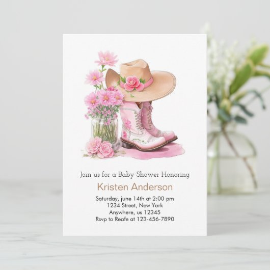 西ワイルドフラワーウォータカラー女性のカーボーイベビーシャワー 招待状 (スタンド正面)