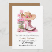 西ワイルドフラワーウォータカラー女性のカーボーイベビーシャワー 招待状 (正面/裏面)