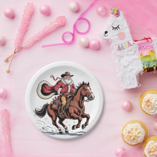 西乗馬ロデオ馬カウボーイサンタクリスマス ペーパープレート (パーティー)