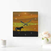 西南の夕日の馬と鳥 スクエア壁時計 (ホーム)
