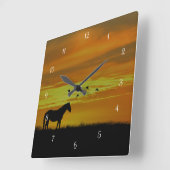 西南の夕日の馬と鳥 スクエア壁時計 (傾斜)
